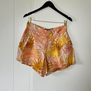Tahari yellow and pink palm leaf print tropical linen shorts size 6